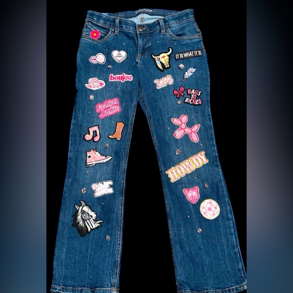 Patched Jeans. Wranglers. Hand Sewn on Patches & Embellishments. Size 9x30 NWT